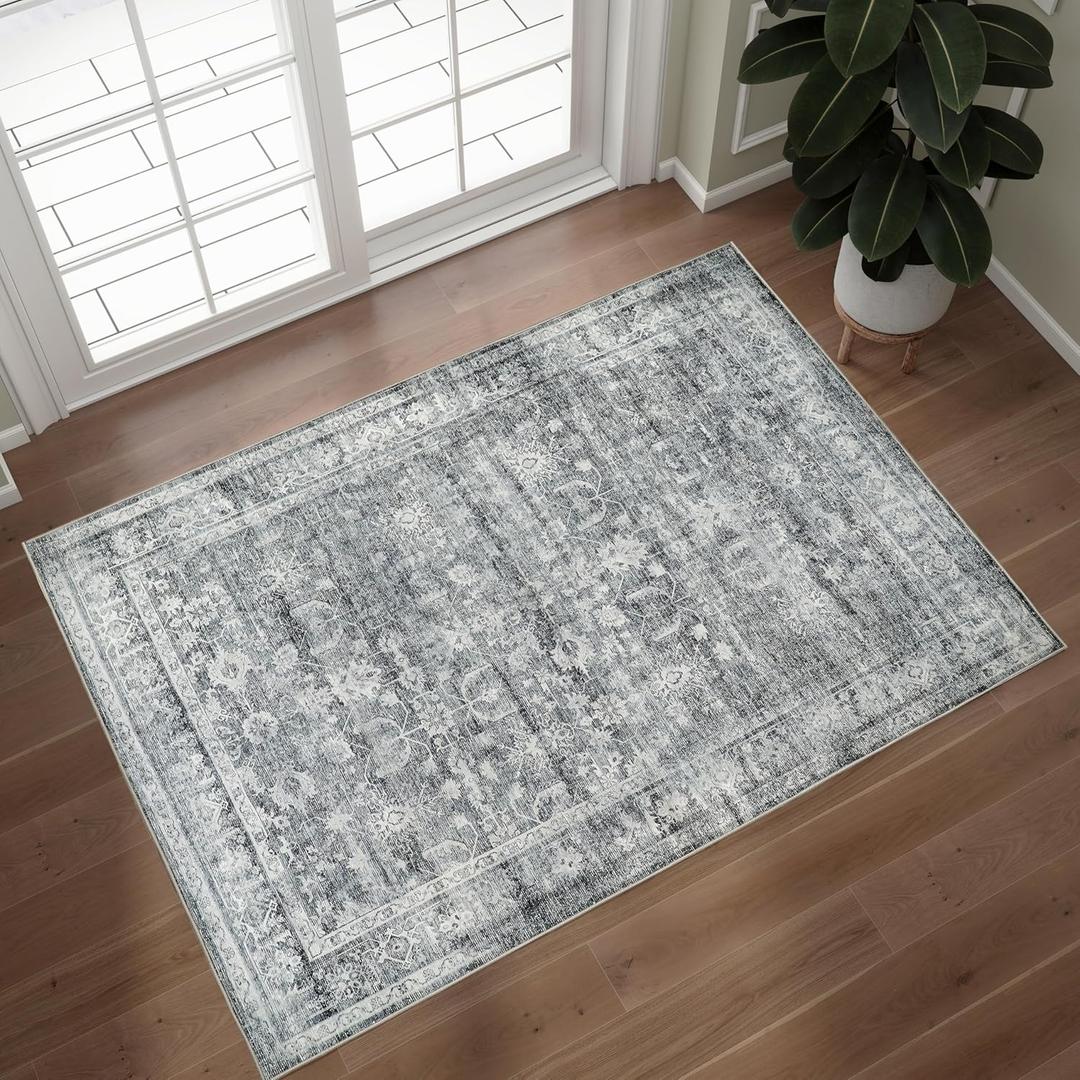 Entryway Rug 2x3, Washable Non Slip Door Mat Indoor Entrance,Low Pile Soft Non Shedding Small Rug, Vintage Boho Area Rug for Entrance, Kitchen, Bedroom, Hallway, Grey
