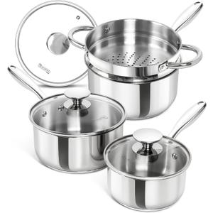 MICHELANGELO Saucepans with Lids & Steamer 7Pcs, Stainless Steel Pot Set with Triply Bottom, 3 Quart Saucepan with Steamer, 18/10 Saucepan Set Induction Compatible - 1QT & 2QT & 3QT