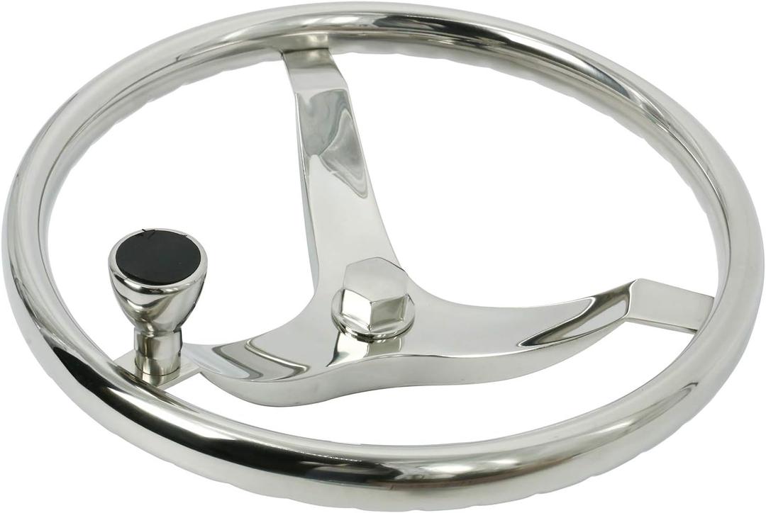 Stainless Steel 3 Spoke Boat Steering Wheel 15-1/2" Dia with 5/8"-18 Nut & Turning Knob
