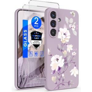 Yucenx for Samsung Galaxy S25 FE 5G Case with 2X Screen Protector, Girls Women Florals Liquid Silicone Phone Case, Shockproof Anti-Scratch Soft Protection Case for Galaxy S25 FE 5G (Purple)