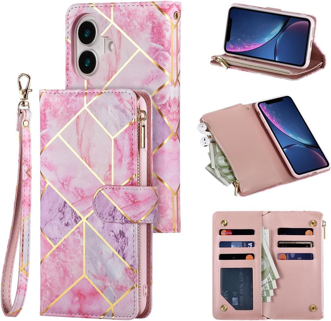 UEEBAI Wallet Case for iPhone 16, PU Leather Wallet Magnetic Closure Handbag Zipper Pocket Cover Kickstand Card Slots with Hand Strap Marple Flip Case for Women - Pink Purple