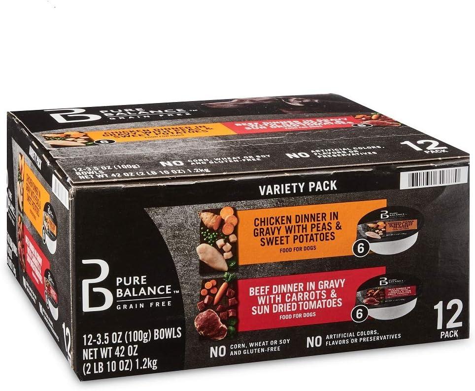 Pure Balance Food for Dogs Variety Pack, Chicken Dinner in Gravy with Peas & Sweet Potatoes and Beef Dinner in Gravy with Carrots & Sun Dried Tomatoes, 3.5 oz, 12 Count, Jan/21/27