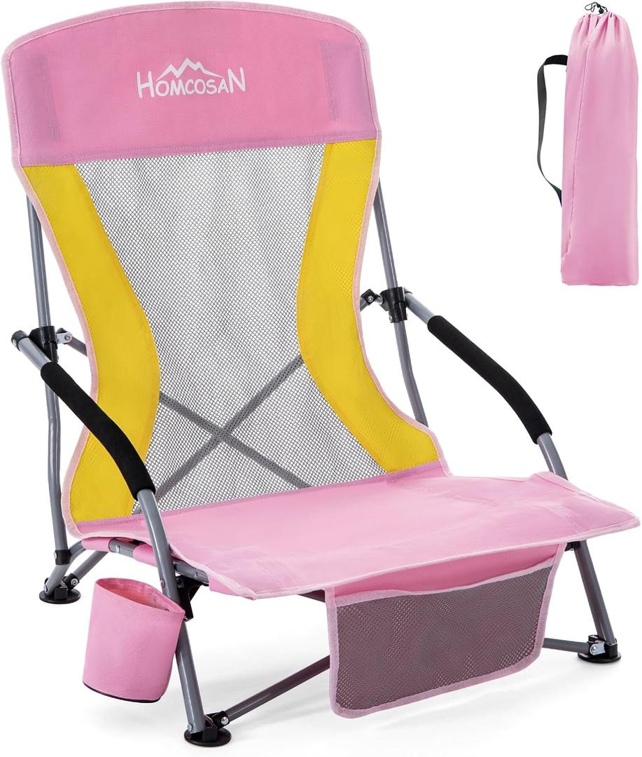 Homcosan Portable Low Folding Beach Chair - Lightweight Camping Chair for Adults with Cup Holder & Storage Pocket, Carry Bag Included (Pink & Yellow) (1 Pack)