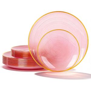 N9R 60PCS Pink Plastic Plates with Gold Rim 30 Dinner & 30 Dessert Plates, Circular Ribbed Design, Elegant Disposable Plates for Weddings, Events, Banquets, Special Occasions (Translucent Pink)