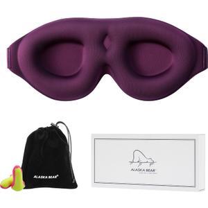 ALASKA BEAR 100% Blackout Sleep Mask for Women and Men, 3D Pillowy Soft Light Blocking Eye Mask with Contoured Eye Cups, Earplugs Set, Purple