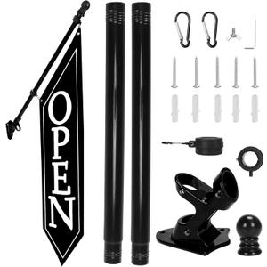 OPEN Flag with Pole Kit - Heavy Duty Canvas Open Banner for Business Storefront, 42x12 Inch Outdoor Double-Sided Sign with Bracket - Advertising Signage for Retail & Shops (Black)