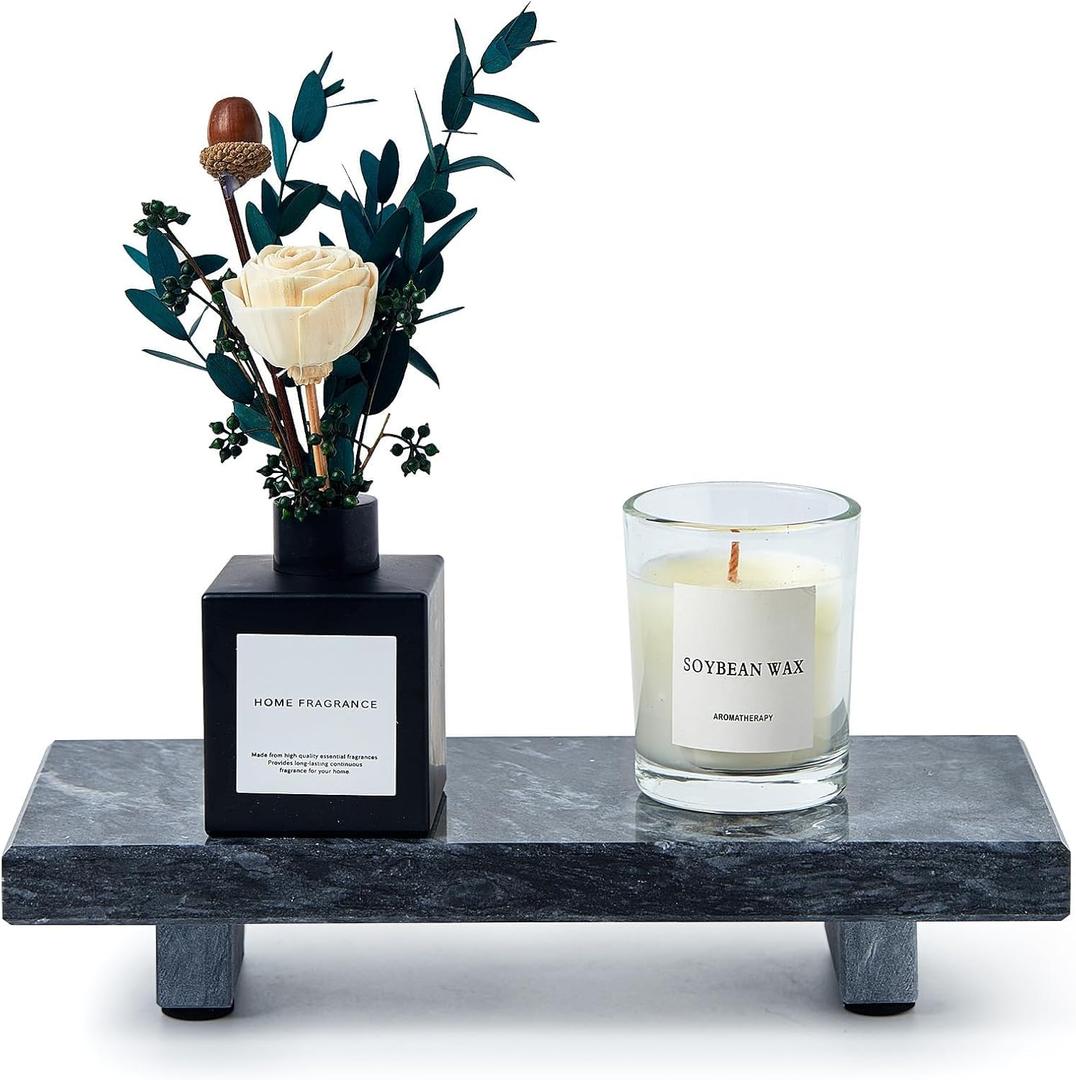 Natural Marble Tray Pedestal Stand – Soap & Jewelry Riser for Bathroom Counter, Kitchen Sink, Vanity Organizer, Decorative Stone Catchall for Perfume, Candles (Black, 8.7" x 4" x 1.6")