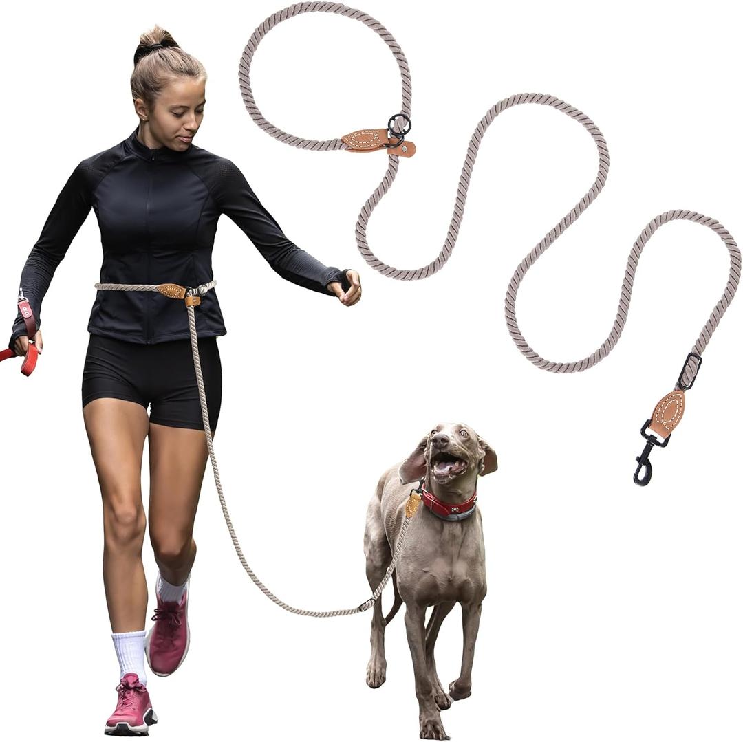 Mile High Life Hands Free Dog Leash, Crossbody Waist Leash with Genuine Leather Connection, Multifunctional Adjustable Slip Lead for Dog Walking Running (Camel, 8FT)