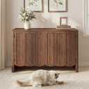 HOOBRO Cat Litter Box Enclosure, 31.5" Hidden Litter Box Furniture with Wavy Panels & Side Entry, Push-to-Open Doors, Litter Box Cabinet, Living Room End Side Table, Walnut WL27MW01