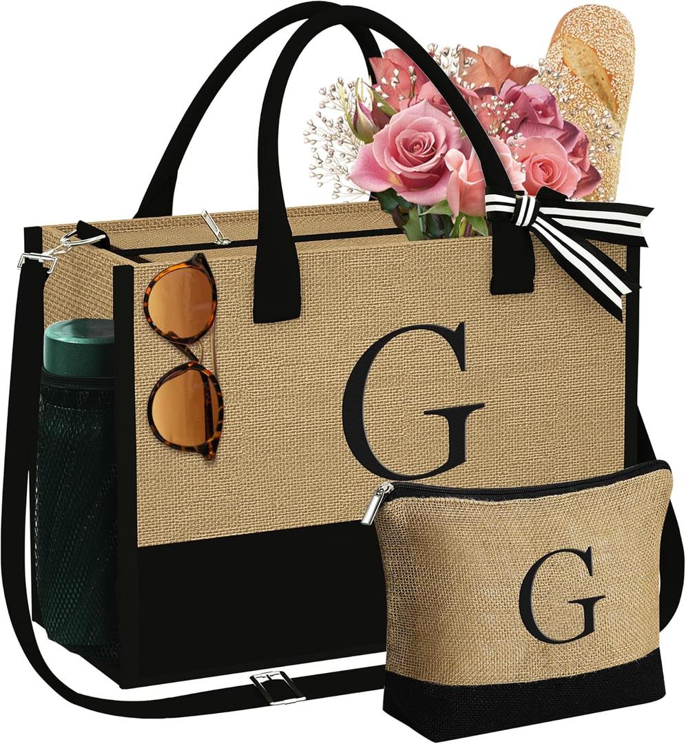 YOOLIFE Mothers Day Gifts for Women - Initial Jute Tote Bag & Makeup Bag, Birthday Gifts for Women Mom Wife Teacher Friend