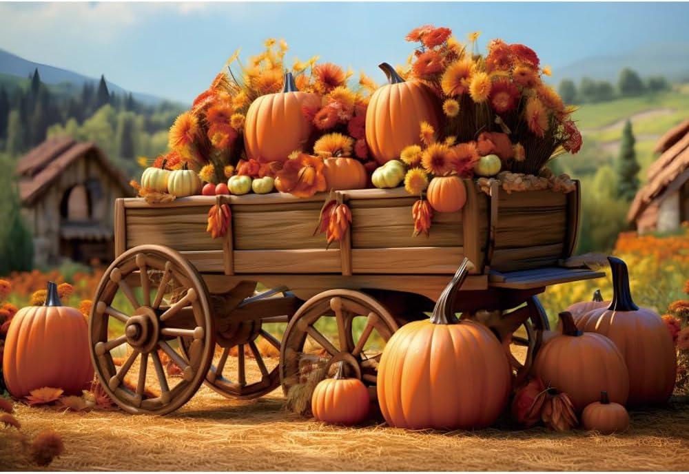 Autumn Wagon Backdrop 7x5ft Fabric Pumpkin Patch Photos Backdrop Pumpkin Race Events Backdrop Kids Thanksgiving Day Photos Fall Festival Background