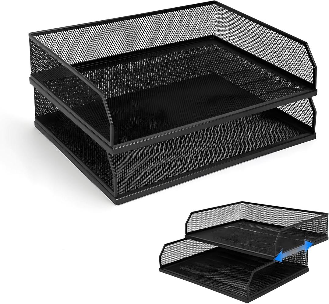 Paper Tray Desk Organizer, 2 Pack Stackable Letter File Tray, Wire Mesh Desktop Organizer, Front-Load Metal A4 Paper Sorter Documents Storage Holder Tray for Office Supplies Home School Classroom (Transverse)