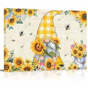 Sunflower Gnome Canvas Print Wall Art - Bees Flowers Leaf on Vintage Newspaper Background - Wall Decor Modern Artwork Paintings Pictures for Living Room Stretched and Framed Ready to Hang - 24" x 36"