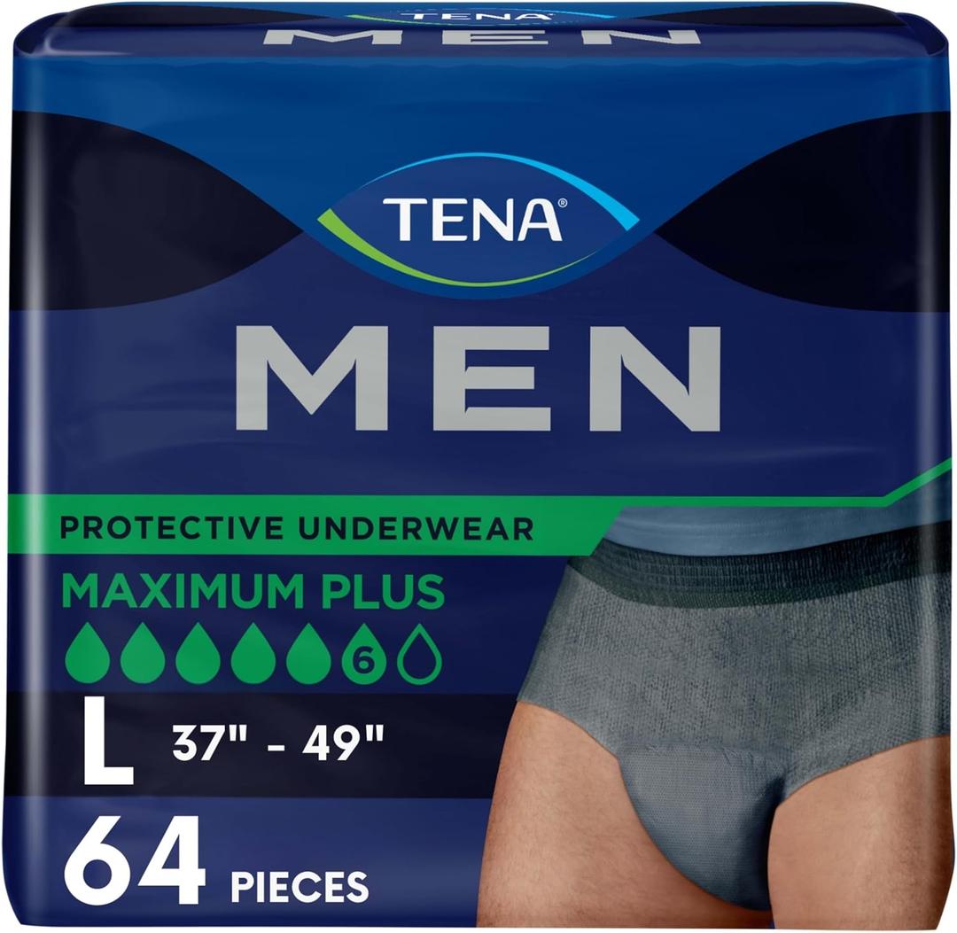 TENA Men Incontinence Protective Underwear for Men, Maximum Plus Absorbency, Bladder Control Adult Diaper, Large, 64 Count (4 Packs of 16count)