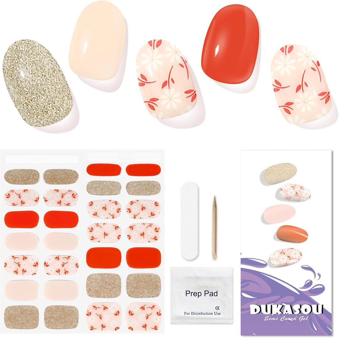 2 x Semi Cured Gel Nail Strips (Flash Pink Flowers), 28pcs UV Gel Nail Stickers