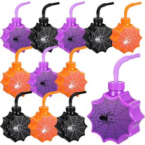 Tanlade 12 Set Halloween Spider Cups with Straws 10 oz Plastic Spider Birthday Party Favor Cup Spiderweb Party Decoration Supplies for Son Daughter Kids Trick or Treat Halloween (Black,Purple,Orange)