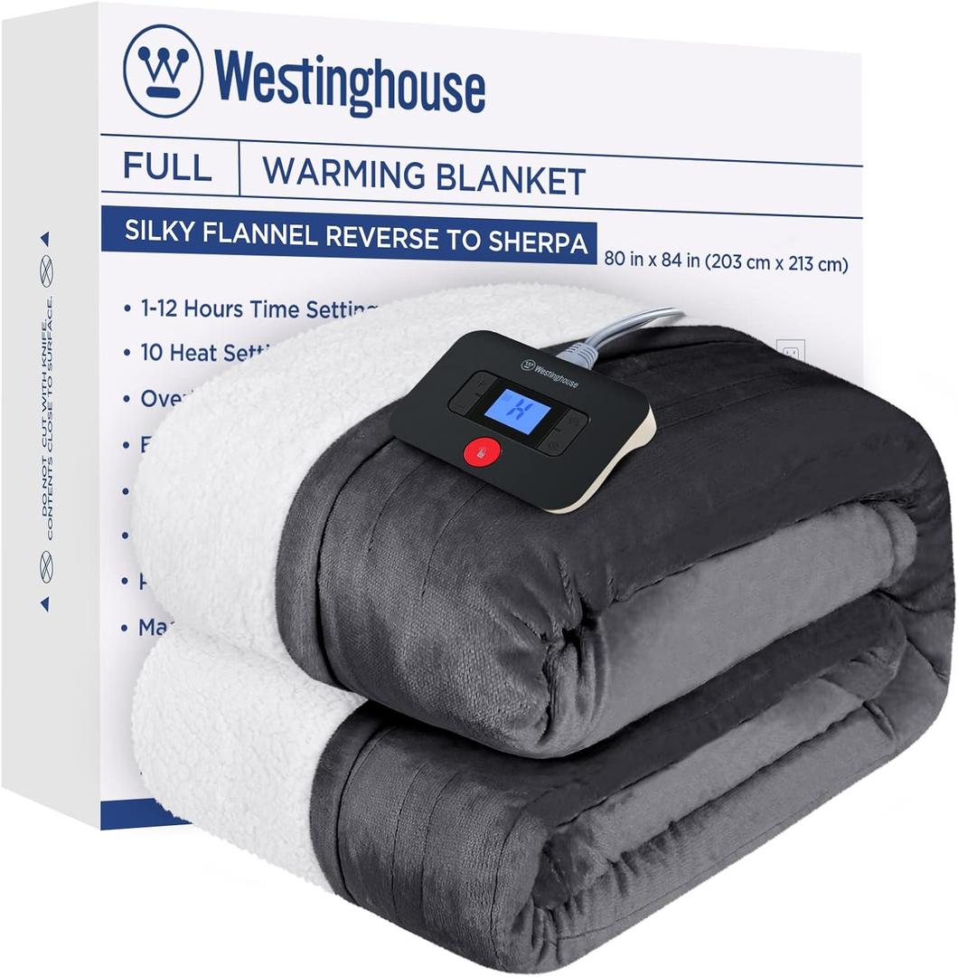 Westinghouse Electric Blanket Full, Heated Blanket Full Size with 10 Heating Levels and 1 to 12 Hours Heating Time Settings, Flannel to Sherpa Reversible, Machine Washable (80" x 84", Charcoal)