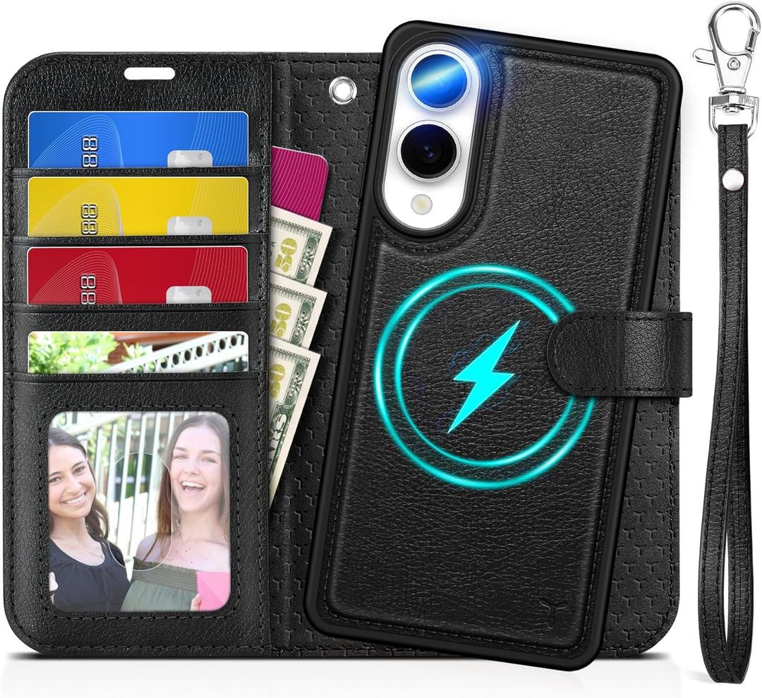 TUCCH Wallet Case for Galaxy S25 Edge, [Removable] [Wireless Charging] Wrist Strap RFID Blocking [4 Card Holders] PU Leather Cover, Magnetic Detachable Stand Folio for Galaxy S25 Edge, Textured Black