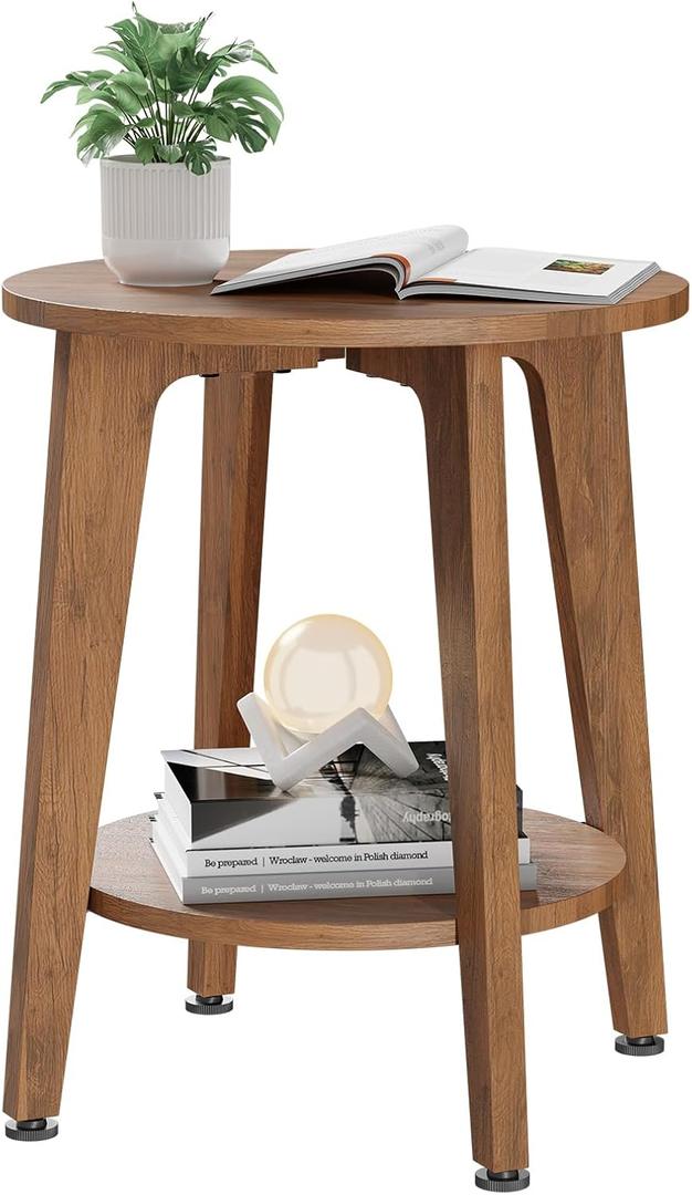 Simple Trending Round Side Table, Small End Table, Nightstand Bedside Table with Tapered Legs, for Living Room, Rustic Walnut