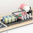 Kitchen Countertop Drying Rackwith Drainer Board Multifunctional 2-Tier Organizer, Utensil Rack and Cup Holder, Removable Design for Kitchen Countertops (Powder Coated Black)