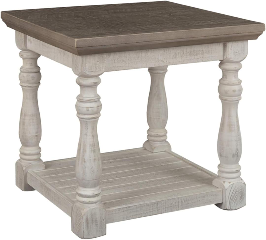 Signature Design by Ashley Havalance Farmhouse Square End Table with Floor Shelf, Vintage Gray & White with Weathered Finish (Whitewash Gray)