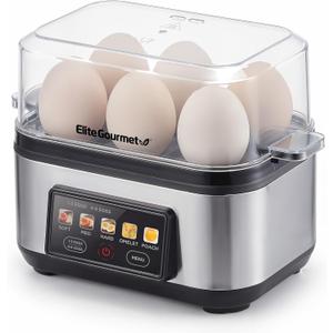 Elite Gourmet Digital Egg Cooker, 6 Egg Capacity, Soft/Medium/Hard Boiled, Poach & Omelet, One-Touch Graphic Display, Auto Shut-Off, Stainless Steel Heating Plate & Housing