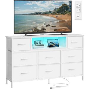 SONGMICS BELLAH Collection - Dresser for Bedroom with Outlets and LED Lights, TV Stand for TVs Up to 55 Inches, Chest of Drawers, 8 Drawers, Steel, Modern, Cloud White ULGS433WH02S