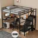 Full Size Loft Bed with L-Shaped Desk and Built-in Storage Shelves & Wardrob, Convertible Stairs, Metal Loft Bed Frame with LED Light & Charging Station, for Teens/Adults (Black)
