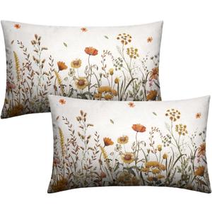 Fall Lumbar Pillow Covers 12x20 Set of 2 Autumn Flowers Decorative Outdoor Throw Pillow Case Burnt Orange Floral Thanksgiving Harvest Rectangle Pillowcase for Couch Sofa