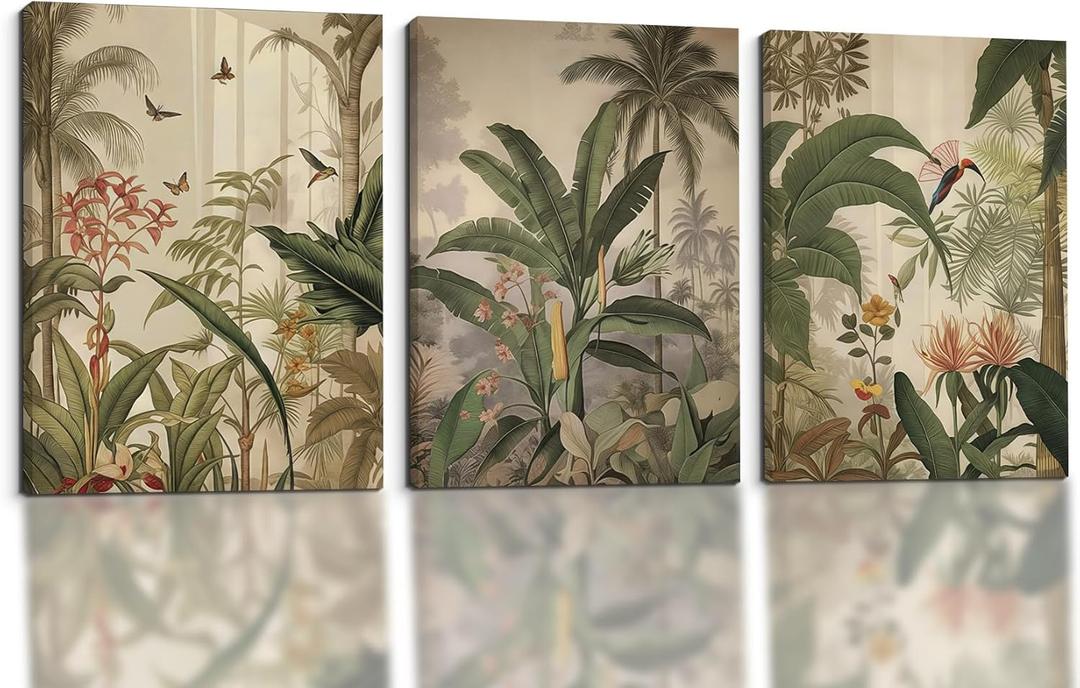 3 Pcs Framed Vintage Canvas Wall Art With Tropical Jungle And Birds Rustic Modern Farmhouse Style Natural Scenery Living Room Bedroom Bathroom Decorative Painting Inches Ready To Hang 12x16 Inches