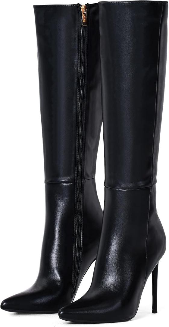 Elisabet Tang 4 inch Women's Knee High Long Boots, Stiletto Tall Pointed Toe Heeled Boot Leather Suede Comfortable Sexy (11, Brave Black)