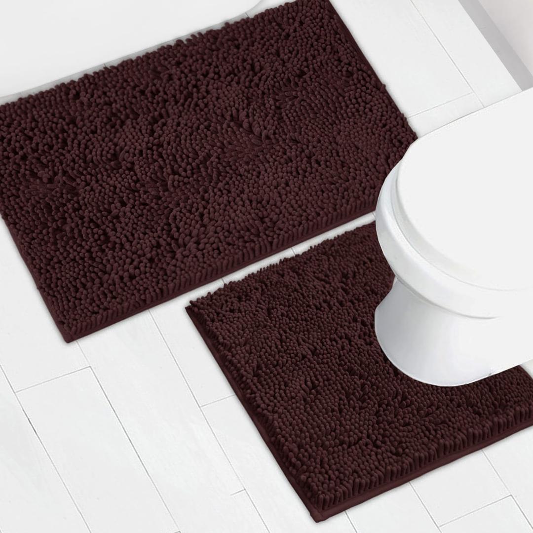 Bathroom Rugs Chenille Bath mat 2 Piece Set, Super Absorbent, Strong PVC Non Slip Backing, Bath mats for Bathroom, Plush Shaggy, Thick, Machine Washable, Bathtub, Shower, Toilet.(Brown)