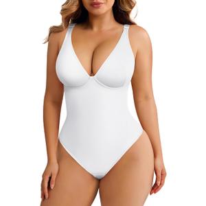 FeelinGirl Shapewear Bodysuits for Women Tummy Control Body Suits Deep V Neck Thong Body Shaper, White, XL