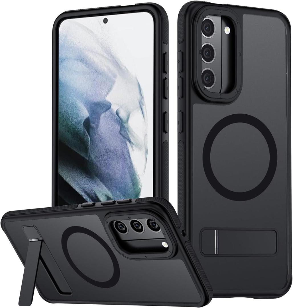 for Samsung Galaxy S21 Case, [Compatible with MagSafe], Adjustable Kickstand,Military Grade Drop Tested, Translucent Matte Phone Case for Galaxy S21 Case (Black)
