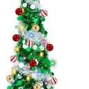 5 Ft Pop Up Tinsel Christmas Tree with 60 Warm White & Multi Color Change Lights, Glitter Prelit Pencil Christmas Tree with Timer 18 Ball Ornaments for Xmas Tree Home Indoor Decoration (Green Sliver)