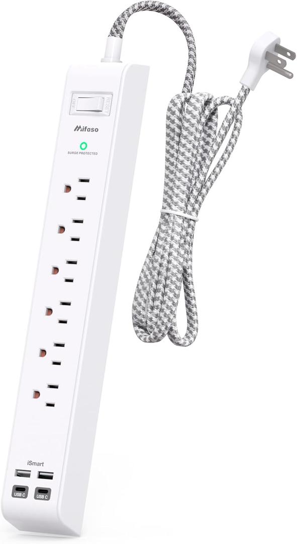 Surge Protector Power Strip 15 ft with 4 USB Ports 2 USB-C 6 AC Outlets, Flat Plug Extension Cord, USB Charging Station, Wall Mountable for Home, Office, Dorm Essentials, 1080J, ETL Listed (White)