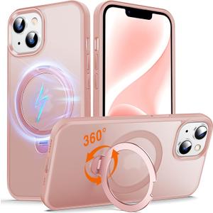 360 O-Ring MagStander for iPhone 13 Case, iPhone 14 Case with Magnetic Stand Ring Holder [Compatible with MagSafe][15FT Military Shockproof] Kickstand iPhone 13/14 Phone Cover Matte Pink