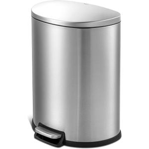 QUALIAZERO 50L/13Gal Heavy Duty Hands-Free Stainless Steel Commercial/Kitchen Step Trash Can, Fingerprint-Resistant Soft Close Lid Trashcan, 13Gal, D Shape