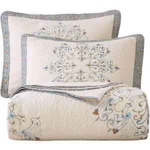 vctops Boho Floral Embroidered Quilted Bedspread Quilt Set 3-Piece Full Size 100% Cotton Lightweight Reversible Coverlet for All Season (Flower,80"x110")