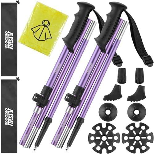 AISUNOURDOOR Lightweight Adjustable Trekking Poles, Aluminum Collapsible Travel Hiking or Walking Sticks for Women Children, with One Disposable Raincoat (purple) AISUNOURDOOR Lightweight Adjustable Trekking Poles, Aluminum Collapsible Travel Hiking or Walking Sticks for Women Children, with One Disposable Raincoat (purple)