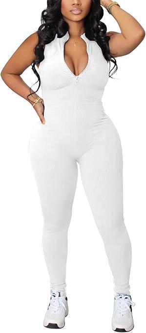 chicyes Women's Bodycon Sexy Jumpsuits Workout Seamless One Piece Ribbed Zipper Rompers Plus Size Outfits , White 