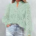 PRETTYGARDEN Women's Dressy Casual Blouse Tops Fall Spring Puff Long Sleeve Button V Neck Hollow Out Lace Embroidered Shirts (S)