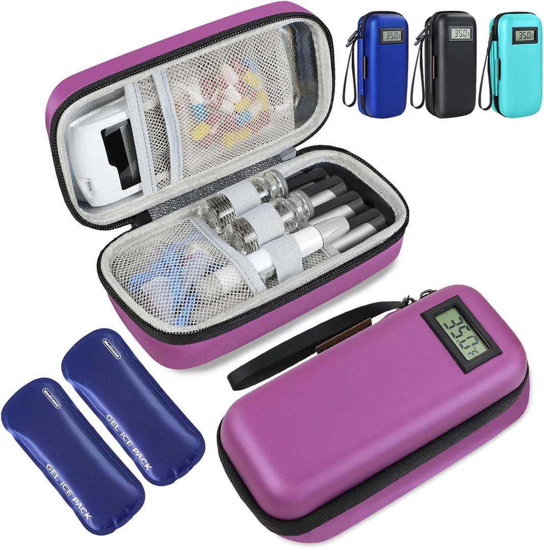 Insulin Cooler Travel Case, Portable Temperature Display Medicine Travel Cooler, Diabetes Case with 2 Reusable Ice Packs TSA Approved for Diabetic Supplies Patent Pending(Purple)