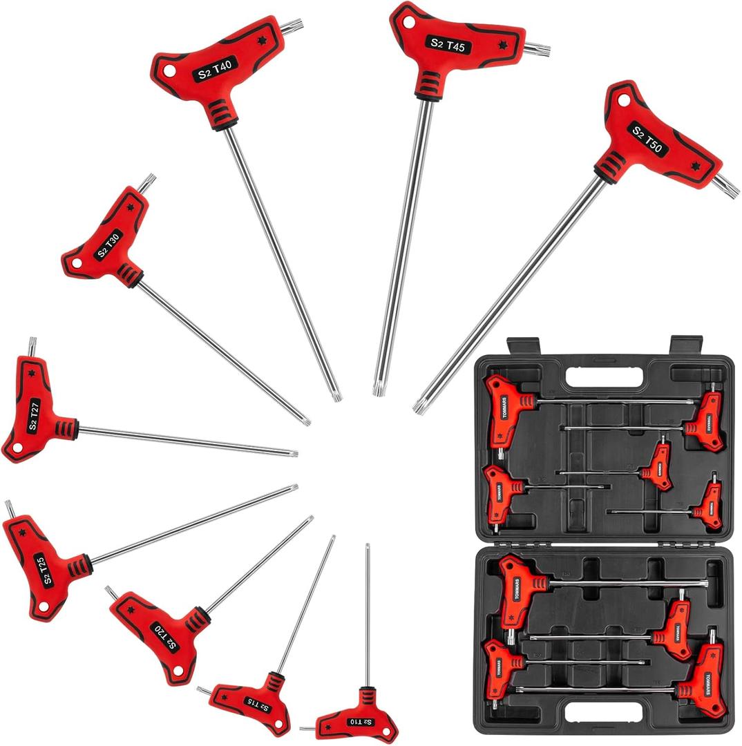 TOMMARS 9PC T Handle Torx Wrench Set, S2 Steel, T10 - T50 Tamper Proof Star Key Set