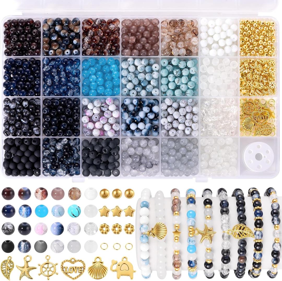 Funtopia Glass Beads for Jewelry Making, 1377pcs Neutral Tones Bracelet Making Kit, 24 Colors 6mm Round Glass Beads, Marble Loose Beads and Gold Spacer Beads, DIY Crafts Gifts for Women Men