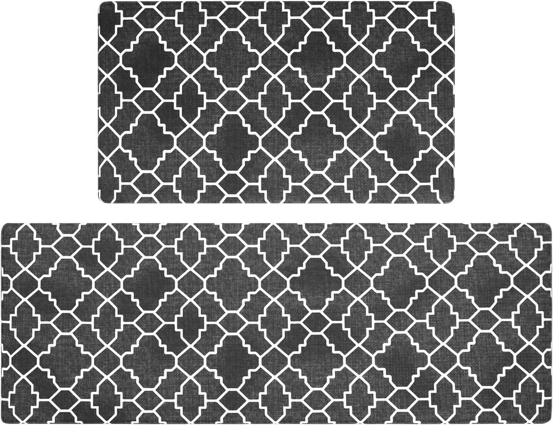 FRESHMINT Kitchen Mat Set of 2, Anti-Fatigue Cushioned Kitchen Mats for Floor, Waterproof Non Slip Comfort Standing Mat, Boho Kitchen Rug for Kitchen Decor, Sink, Office, 17"x30"+17"x47", Black