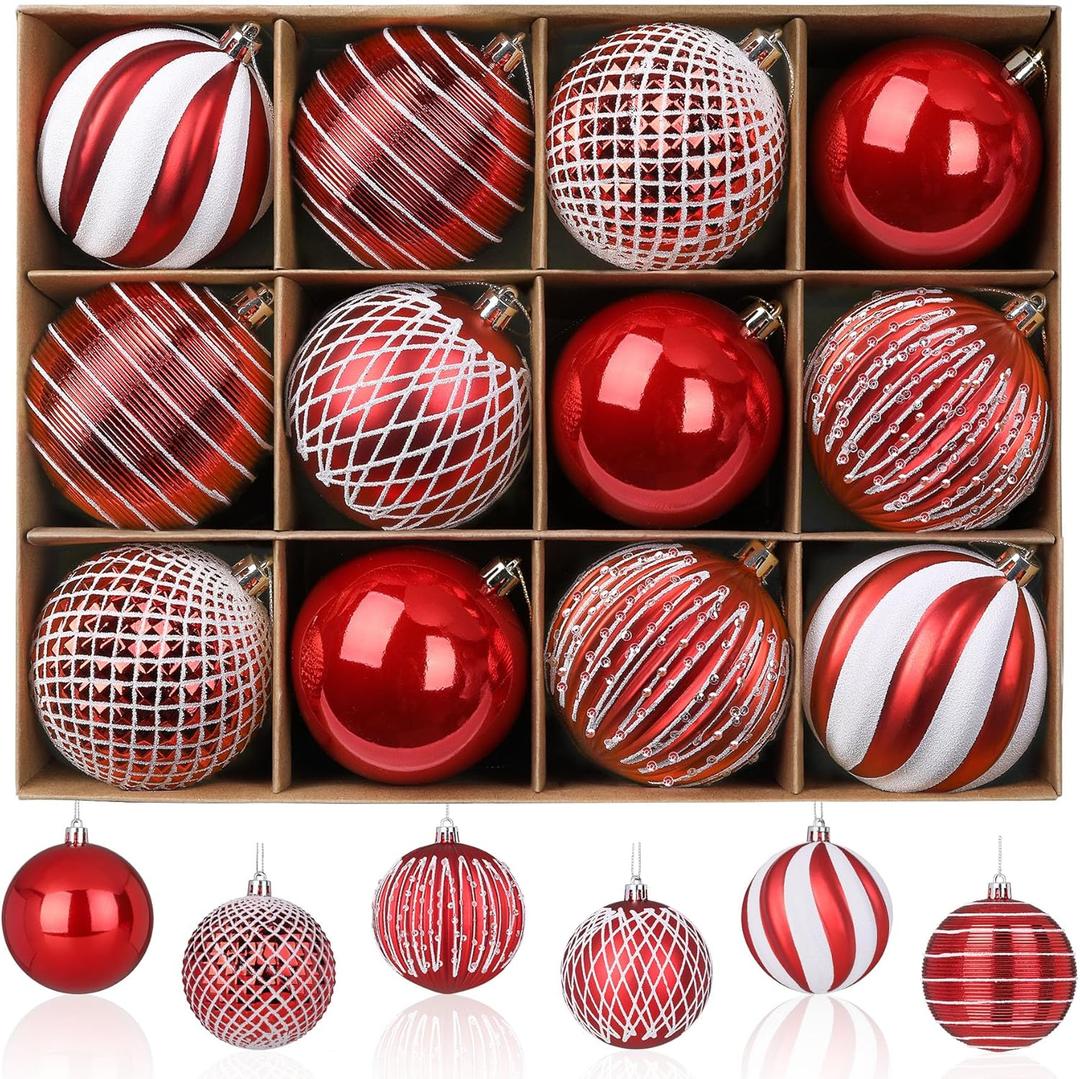 SHareconn 80mm Christmas Balls Ornaments,12PCS Colored Shatterproof Plastic Decorative Hanging Tree Decorations Baubles Set for Xmas Tree Decor Holiday Party Wedding Decoration with Lanyard, Red&White (8CM)