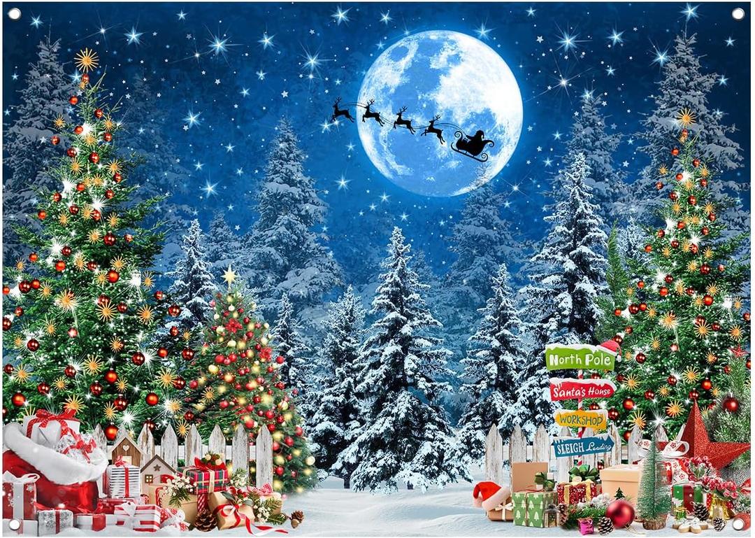 WOLADA Christmas Snowy Night Fabric Backdrop Blue Starry Sky Moon Snow Christmas Tree Photo Background 94.49x70.87 Inches FW83