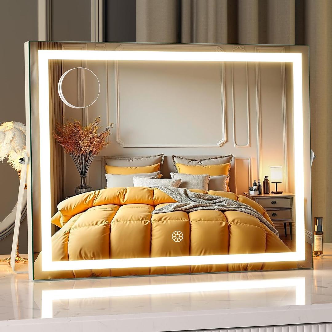 MINISO Vanity Mirror with Lights, 17.7" x 13.8" LED Makeup Mirror, Light & Brightness Adjustment, Smart Sensor, Aluminum Alloy Metal White Frame, with 5X Magnifying Glass