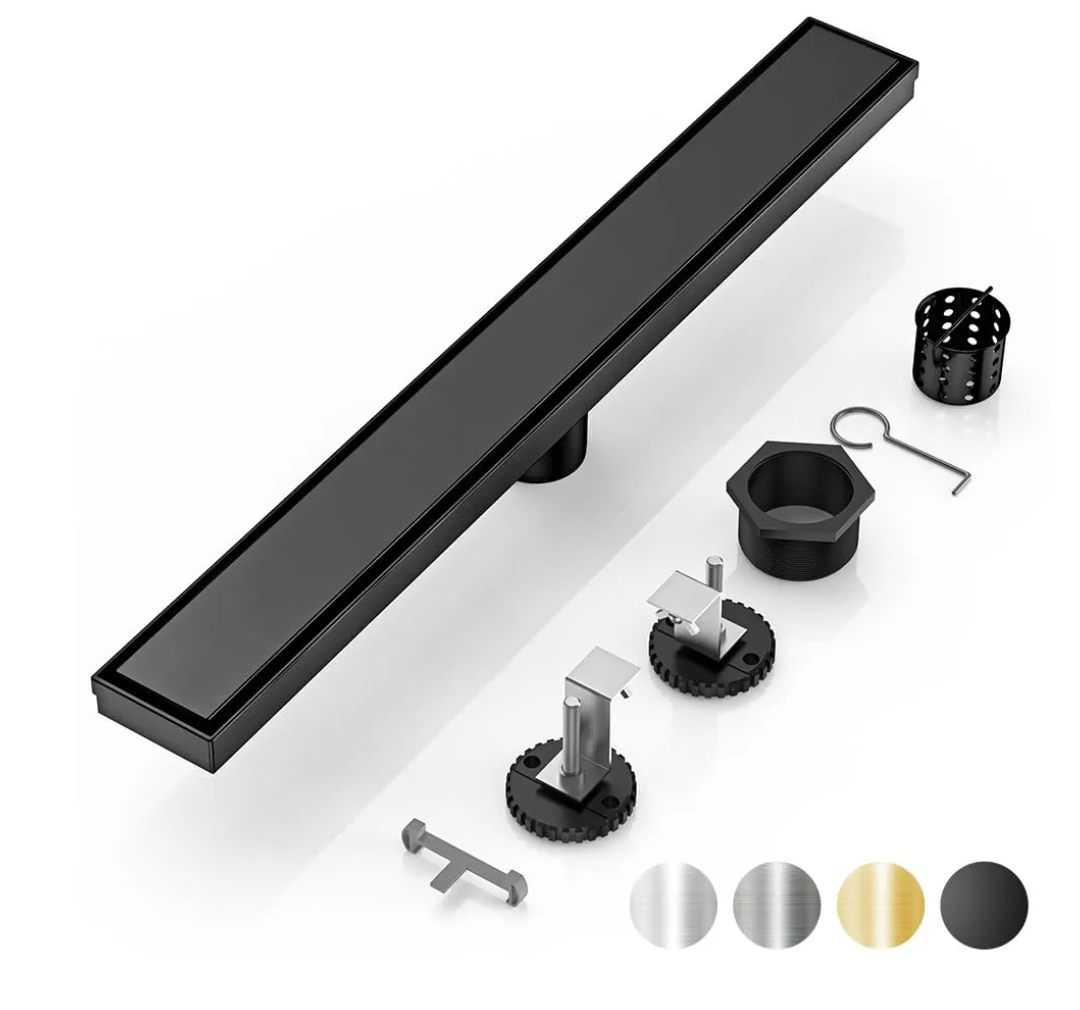 DLONE Linear Shower Drain | 24" AISI 304 Stainless Steel Shower Drain, Black Linear Drain with 2-in-1 Tile Insert Panel & Adjustable Feet, Long Rectangle Shower Floor Drain in Bathroom, Balcony, etc